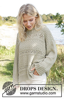Mossy Mingle Sweater / DROPS 241-26 - Knitted sweater in DROPS Paris. Piece is knitted bottom up with lace and relief pattern. Size XS – XXL.