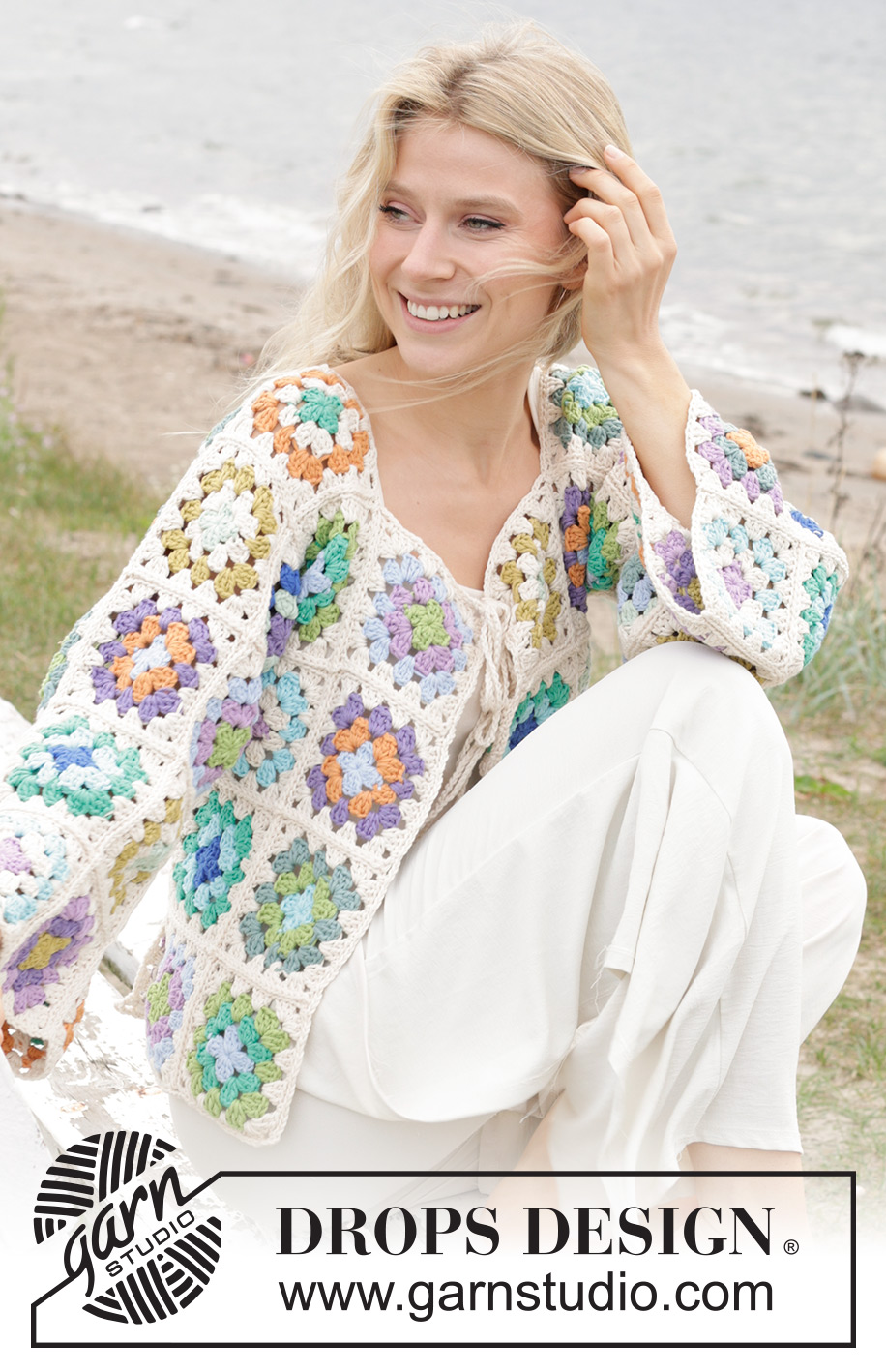 Garden Squares Cardigan / DROPS 241-27 - Kabátek ze čtverců háčkovaný z příze DROPS Paris. Velikost S - XXXL.