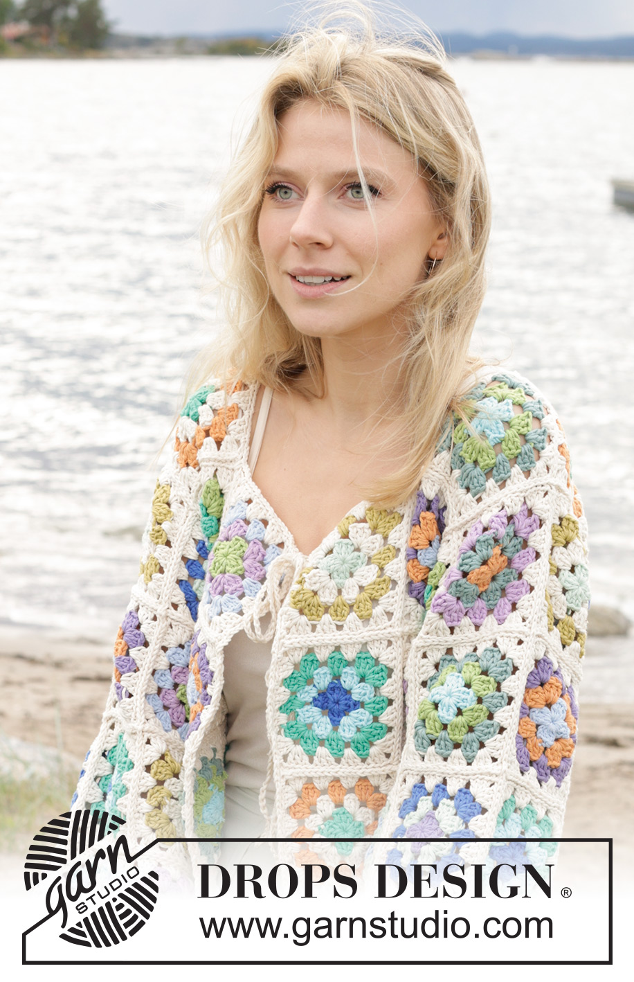 Garden Squares Cardigan / DROPS 241-27 - Kabátek ze čtverců háčkovaný z příze DROPS Paris. Velikost S - XXXL.