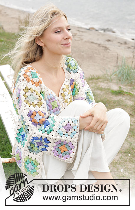 Garden Squares Cardigan / DROPS 241-27 - Kabátek ze čtverců háčkovaný z příze DROPS Paris. Velikost S - XXXL.