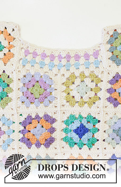 Garden Squares Cardigan / DROPS 241-27 - Kabátek ze čtverců háčkovaný z příze DROPS Paris. Velikost S - XXXL.