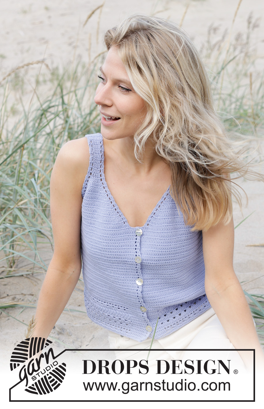 Scent of Lilac Vest / DROPS 241-28 - Top crocheté de haut en bas avec point ajouré, en DROPS Safran. Du S au XXXL.