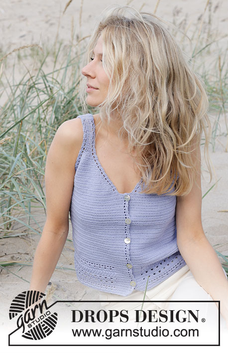 Scent of Lilac Vest / DROPS 241-28 - Top crocheté de haut en bas avec point ajouré, en DROPS Safran. Du S au XXXL.
