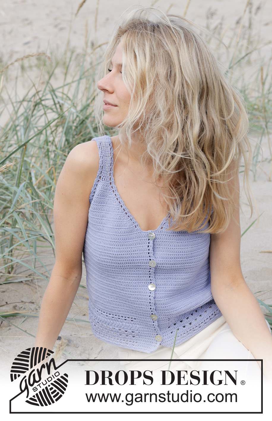 Scent of Lilac Vest / DROPS 241-28 - Top crocheté de haut en bas avec point ajouré, en DROPS Safran. Du S au XXXL.