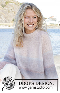 Watercolour Horizons Sweater / DROPS 241-3 - Gebreide trui in 2 draden DROPS Kid-Silk. Het werk wordt van boven naar beneden gebreid met raglan, tricotsteek, strepen en dubbele halsrand. Maten S - XXXL.