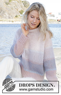 Watercolour Horizons Sweater / DROPS 241-3 - Gebreide trui in 2 draden DROPS Kid-Silk. Het werk wordt van boven naar beneden gebreid met raglan, tricotsteek, strepen en dubbele halsrand. Maten S - XXXL.
