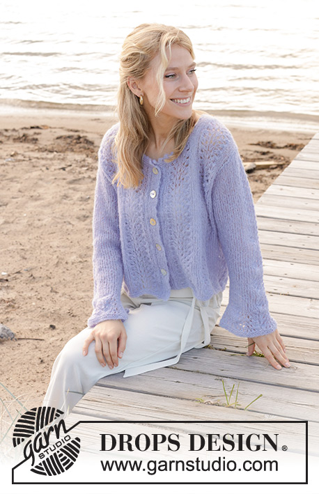 Trip to Provence Cardigan / DROPS 241-30 - Gilet tricoté de bas en haut avec point de vagues, bordures en jersey double, et manches trompettes, en DROPS Brushed Alpaca Silk. Du S au XXXL