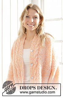 Peach Blossom Cardigan / DROPS 241-34 - Gestrickte Jacke in DROPS Alpaca Bouclé und DROPS Kid-Silk. Die Arbeit wird von unten nach oben mit Zopfmuster, glatt rechts und Seitenschlitzen gestrickt. Größe XS - XXL.