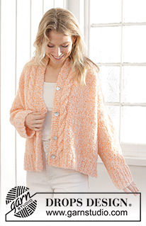 Peach Blossom Cardigan / DROPS 241-34 - Gestrickte Jacke in DROPS Alpaca Bouclé und DROPS Kid-Silk. Die Arbeit wird von unten nach oben mit Zopfmuster, glatt rechts und Seitenschlitzen gestrickt. Größe XS - XXL.