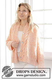 Peach Blossom Cardigan / DROPS 241-34 - Gestrickte Jacke in DROPS Alpaca Bouclé und DROPS Kid-Silk. Die Arbeit wird von unten nach oben mit Zopfmuster, glatt rechts und Seitenschlitzen gestrickt. Größe XS - XXL.
