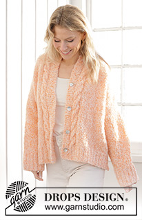 Peach Blossom Cardigan / DROPS 241-34 - Gestrickte Jacke in DROPS Alpaca Bouclé und DROPS Kid-Silk. Die Arbeit wird von unten nach oben mit Zopfmuster, glatt rechts und Seitenschlitzen gestrickt. Größe XS - XXL.