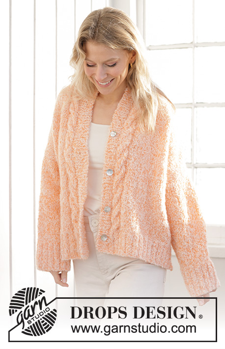 Peach Blossom Cardigan / DROPS 241-34 - Gestrickte Jacke in DROPS Alpaca Bouclé und DROPS Kid-Silk. Die Arbeit wird von unten nach oben mit Zopfmuster, glatt rechts und Seitenschlitzen gestrickt. Größe XS - XXL.