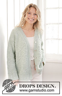 Mint Dream Cardigan / DROPS 241-35 - Gestrickte Jacke in DROPS Air. Die Arbeit wird von unten nach oben mit Reliefmuster / Perlmuster, Schulterschrägung und Schalkragen gestrickt. Größe XS - XXXL.