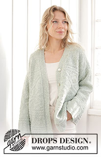 Mint Dream Cardigan / DROPS 241-35 - Gestrickte Jacke in DROPS Air. Die Arbeit wird von unten nach oben mit Reliefmuster / Perlmuster, Schulterschrägung und Schalkragen gestrickt. Größe XS - XXXL.