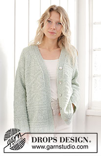 Mint Dream Cardigan / DROPS 241-35 - Gestrickte Jacke in DROPS Air. Die Arbeit wird von unten nach oben mit Reliefmuster / Perlmuster, Schulterschrägung und Schalkragen gestrickt. Größe XS - XXXL.