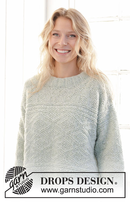 Mint Dream Sweater / DROPS 241-36 - Strikket bluse i DROPS Air. Arbejdet strikkes nedefra og op med reliefmønster, skrå skulder og dobbelt halskant. Størrelse XS - XXXL.