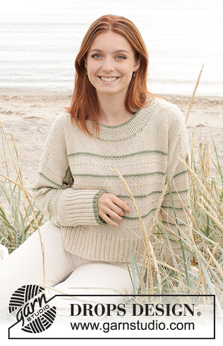 Promise of Spring / DROPS 241-7 - Knitted jumper in DROPS Belle or DROPS Merino Extra Fine. The piece is worked bottom up with stocking stitch, textured pattern, stripes and double neck. Sizes S - XXXL.