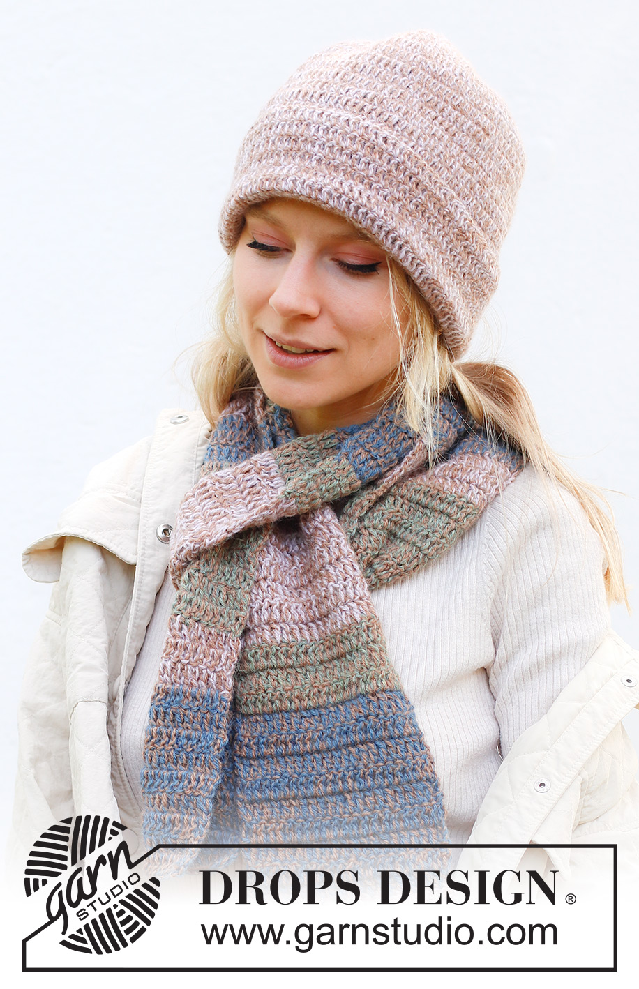 Cottage Garden Set / DROPS 242-39 - Gehäkelte Mütze und Schal in 2 Fäden DROPS Alpaca. Die Mütze wird in Runden von oben nach unten gehäkelt. Der Schal wird in Hin- und Rück-Reihen mit Streifen gehäkelt.