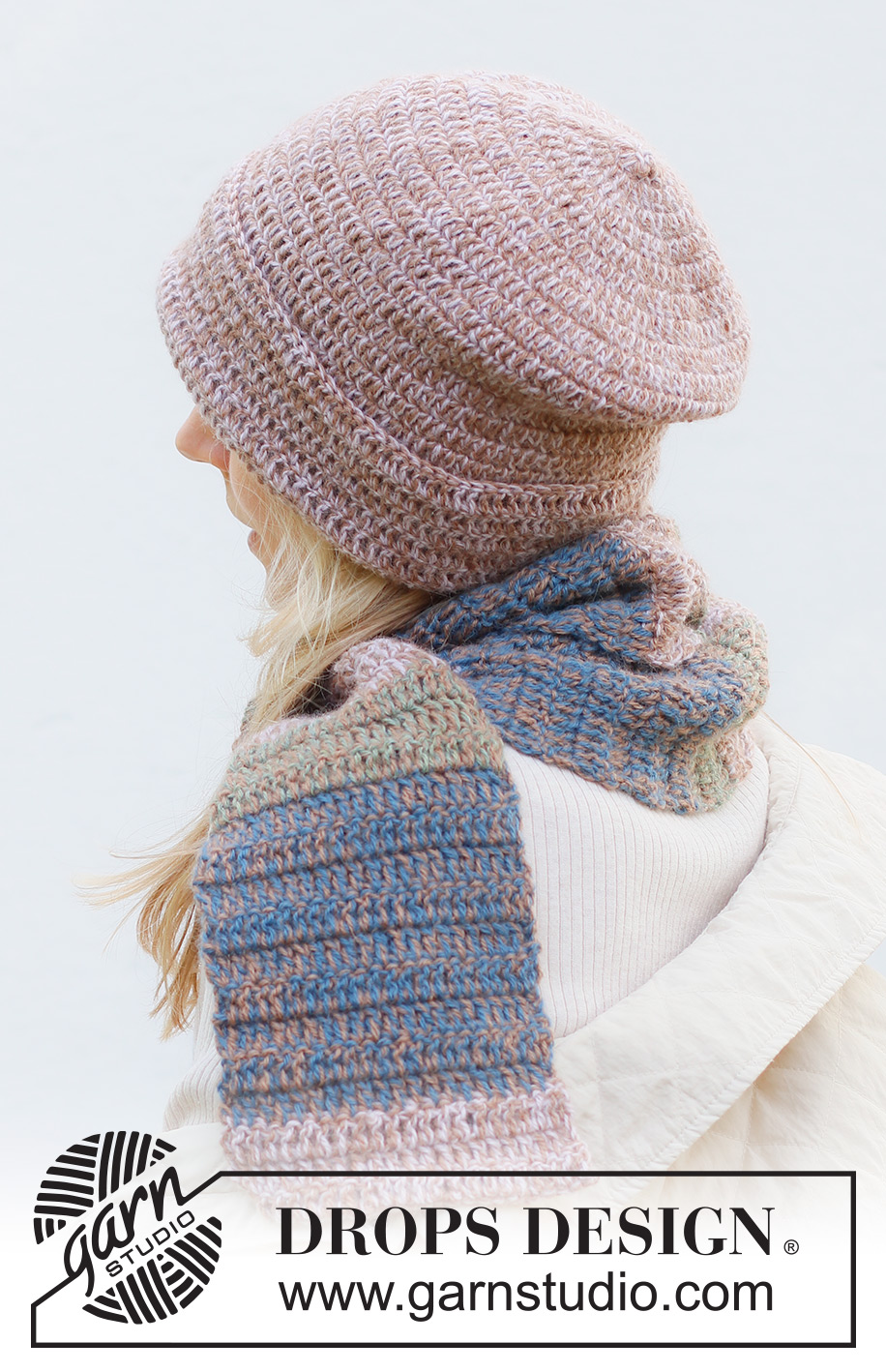 Cottage Garden Set / DROPS 242-39 - Gehäkelte Mütze und Schal in 2 Fäden DROPS Alpaca. Die Mütze wird in Runden von oben nach unten gehäkelt. Der Schal wird in Hin- und Rück-Reihen mit Streifen gehäkelt.