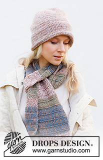 Cottage Garden Set / DROPS 242-39 - Gehäkelte Mütze und Schal in 2 Fäden DROPS Alpaca. Die Mütze wird in Runden von oben nach unten gehäkelt. Der Schal wird in Hin- und Rück-Reihen mit Streifen gehäkelt.
