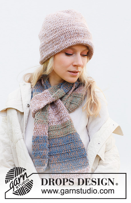 Cottage Garden Set / DROPS 242-39 - Gehäkelte Mütze und Schal in 2 Fäden DROPS Alpaca. Die Mütze wird in Runden von oben nach unten gehäkelt. Der Schal wird in Hin- und Rück-Reihen mit Streifen gehäkelt.
