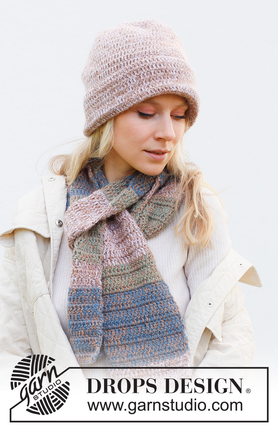 Cottage Garden Set / DROPS 242-39 - Gehäkelte Mütze und Schal in 2 Fäden DROPS Alpaca. Die Mütze wird in Runden von oben nach unten gehäkelt. Der Schal wird in Hin- und Rück-Reihen mit Streifen gehäkelt.