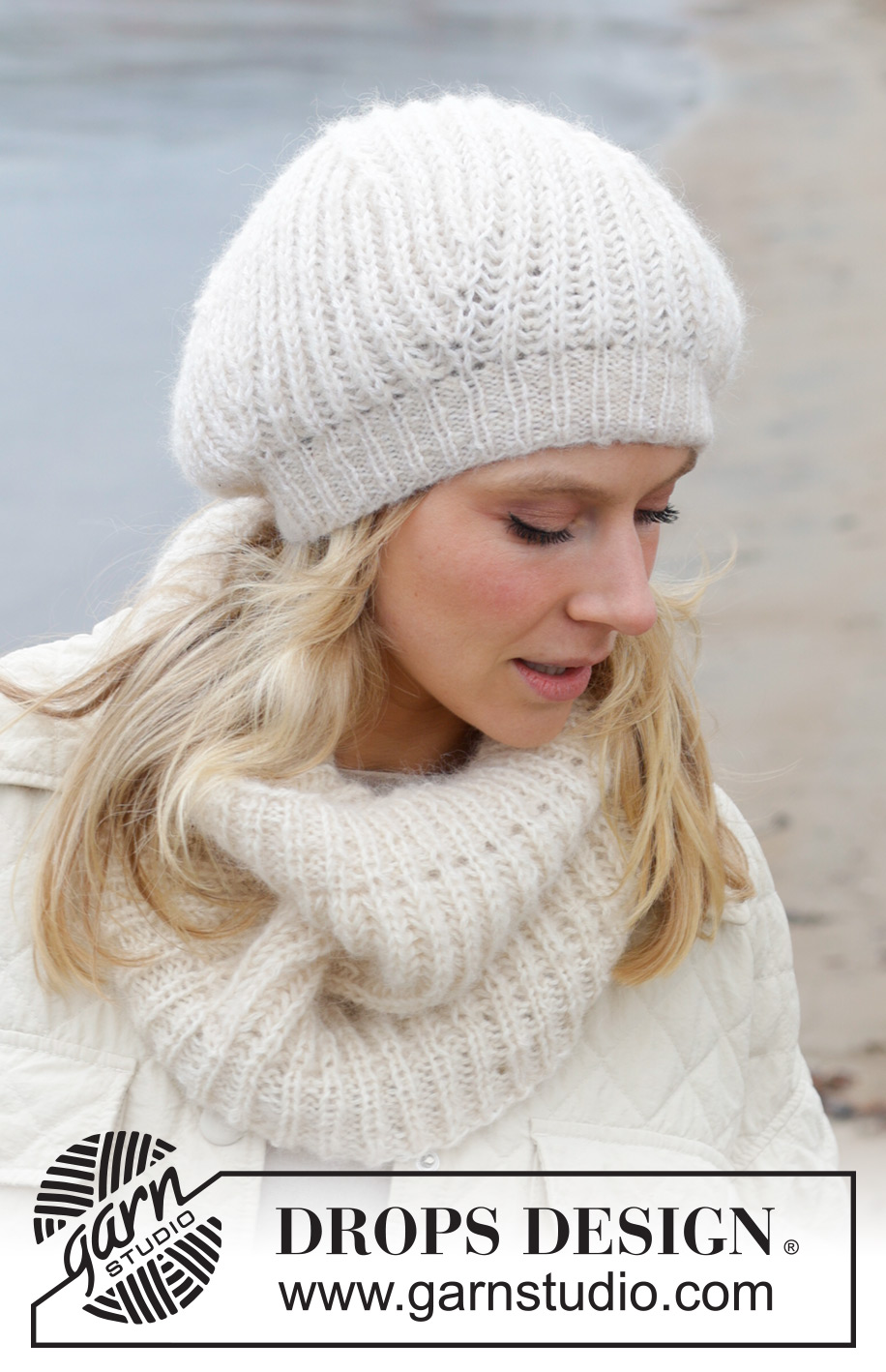 Crème Chantilly / DROPS 242-5 - Prjónað hálsskjól og basker / alpahúfa úr DROPS Alpaca og DROPS Brushed Alpaca Silk. Stykkið er prjónað í klukkuprjóni, neðan frá og upp.