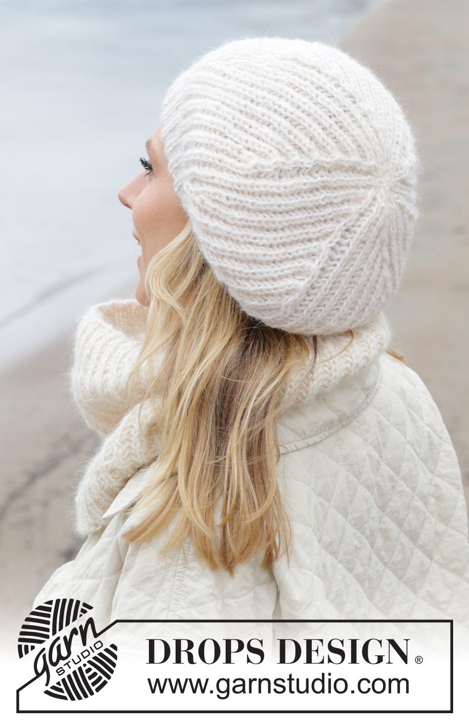 Crème Chantilly / DROPS 242-5 - Prjónað hálsskjól og basker / alpahúfa úr DROPS Alpaca og DROPS Brushed Alpaca Silk. Stykkið er prjónað í klukkuprjóni, neðan frá og upp.
