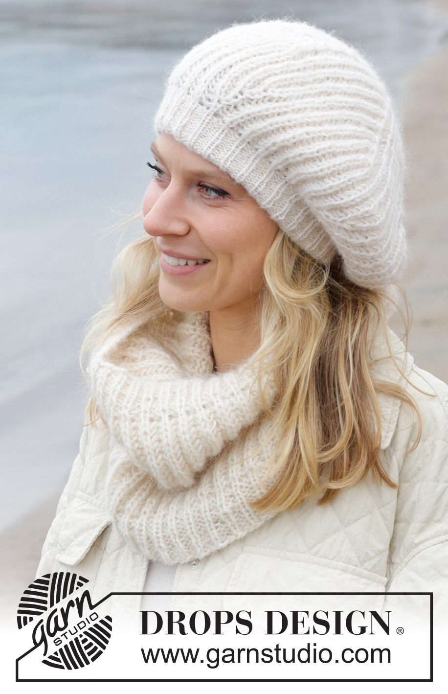 Crème Chantilly / DROPS 242-5 - Prjónað hálsskjól og basker / alpahúfa úr DROPS Alpaca og DROPS Brushed Alpaca Silk. Stykkið er prjónað í klukkuprjóni, neðan frá og upp.