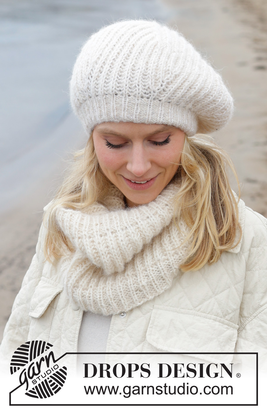 Crème Chantilly / DROPS 242-5 - Prjónað hálsskjól og basker / alpahúfa úr DROPS Alpaca og DROPS Brushed Alpaca Silk. Stykkið er prjónað í klukkuprjóni, neðan frá og upp.