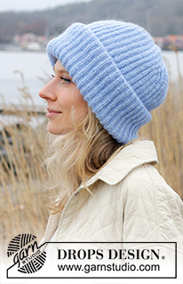 Blue Jay Hat / DROPS 242-60 - Gorro a punto en DROPS Air. La labor está realizada de abajo arriba con punto inglés y dobladillo hacia arriba.