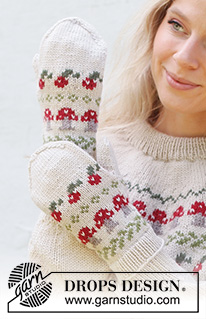 Mushroom Season Mittens / DROPS 242-63 - Luvas tricotadas em DROPS Karisma. Tricotam-se de baixo para  cima com jacquard de cogumelos e azevinho.
