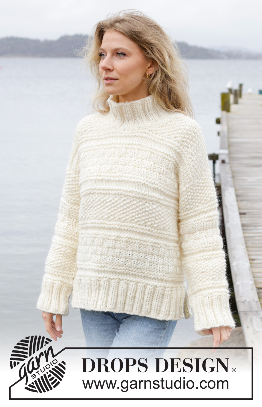 Ice Tide / DROPS 243-10 - Knitted jumper in DROPS Snow. The piece is worked top down with European/diagonal shoulders, relief pattern and high neck. Sizes XS - XXL.