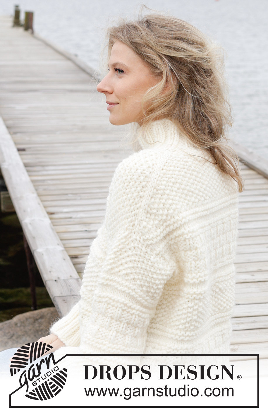 Ice Tide / DROPS 243-10 - Knitted jumper in DROPS Snow. The piece is worked top down with European/diagonal shoulders, relief pattern and high neck. Sizes XS - XXL.