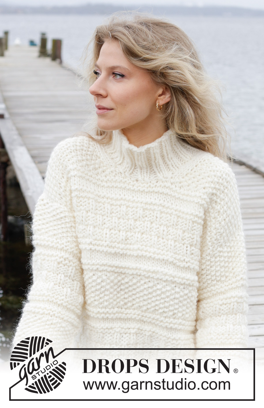 Ice Tide / DROPS 243-10 - Knitted jumper in DROPS Snow. The piece is worked top down with European/diagonal shoulders, relief pattern and high neck. Sizes XS - XXL.