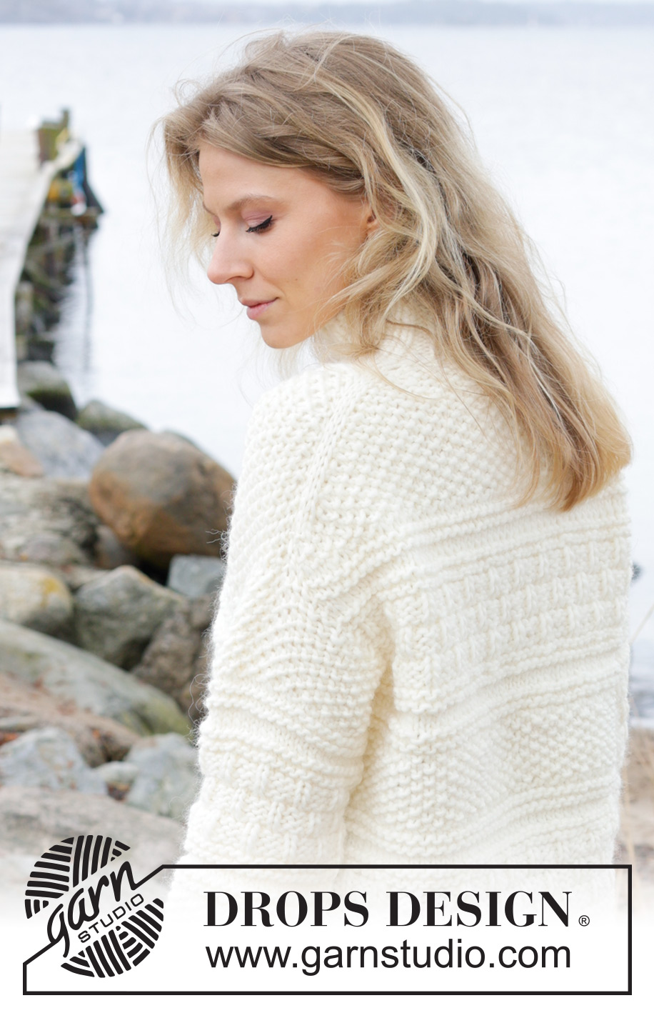 Ice Tide / DROPS 243-10 - Knitted jumper in DROPS Snow. The piece is worked top down with European/diagonal shoulders, relief pattern and high neck. Sizes XS - XXL.