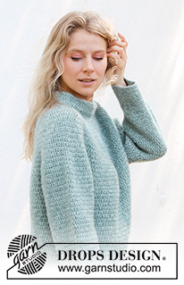 Sea Foam Sweater / DROPS 243-14 - Gehaakte trui in DROPS Air. Het werk wordt van boven naar beneden gehaakt, met ronde pas en dubbele halsrand. Maten S - XXXL.
