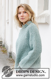 Sea Foam Sweater / DROPS 243-14 - Gehaakte trui in DROPS Air. Het werk wordt van boven naar beneden gehaakt, met ronde pas en dubbele halsrand. Maten S - XXXL.