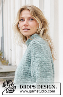 Sea Foam Sweater / DROPS 243-14 - Gehaakte trui in DROPS Air. Het werk wordt van boven naar beneden gehaakt, met ronde pas en dubbele halsrand. Maten S - XXXL.