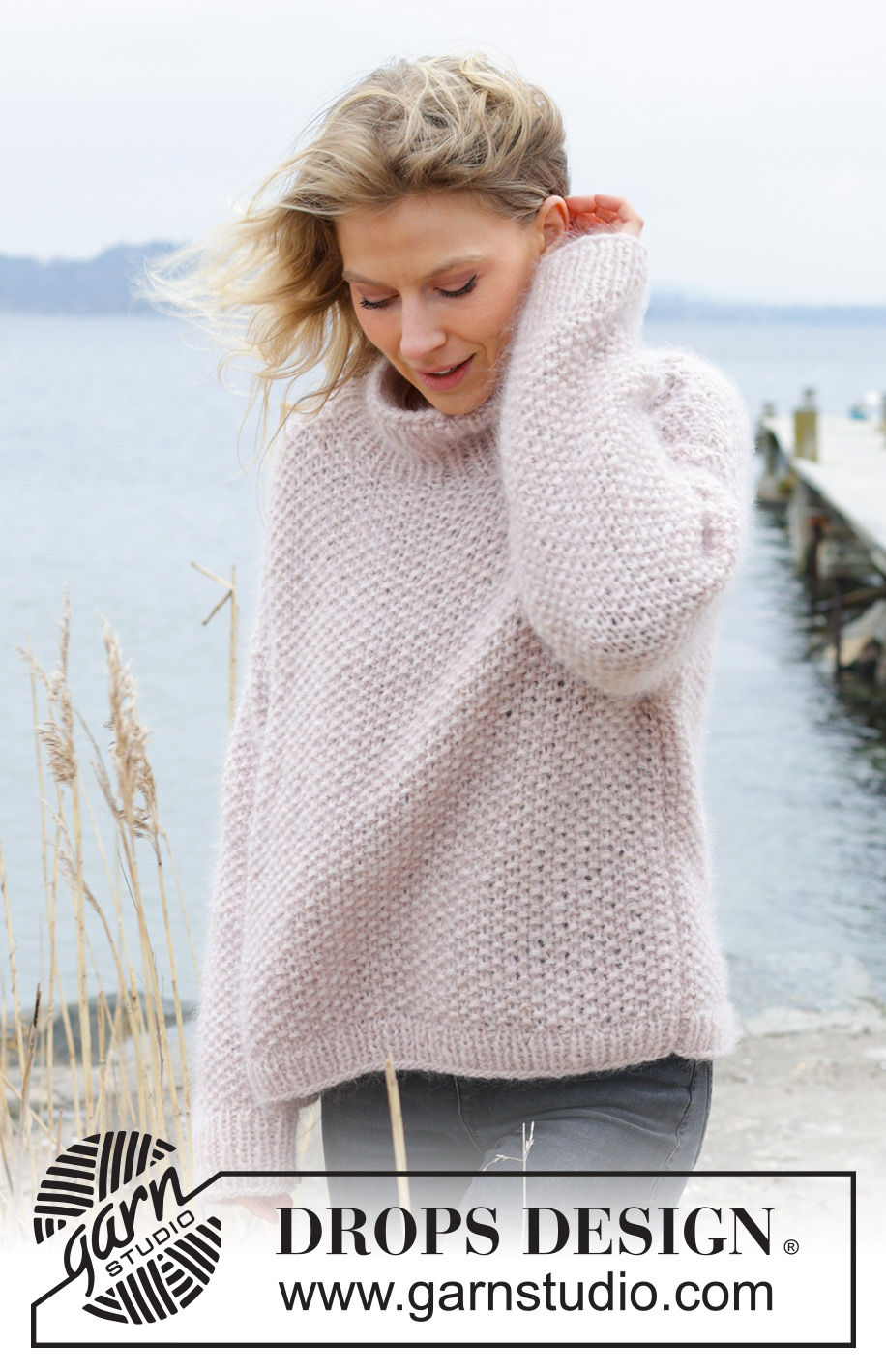 Dandelion Wish Sweater / DROPS 243-16 - Knitted oversized sweater in 1 strand DROPS Air and 2 strands DROPS Kid-Silk. The piece is worked bottom up, with moss stitch and high neck. Sizes XS - XXL.
