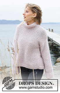 Dandelion Wish Sweater / DROPS 243-16 - Knitted oversized sweater in 1 strand DROPS Air and 2 strands DROPS Kid-Silk. The piece is worked bottom up, with moss stitch and high neck. Sizes XS - XXL.