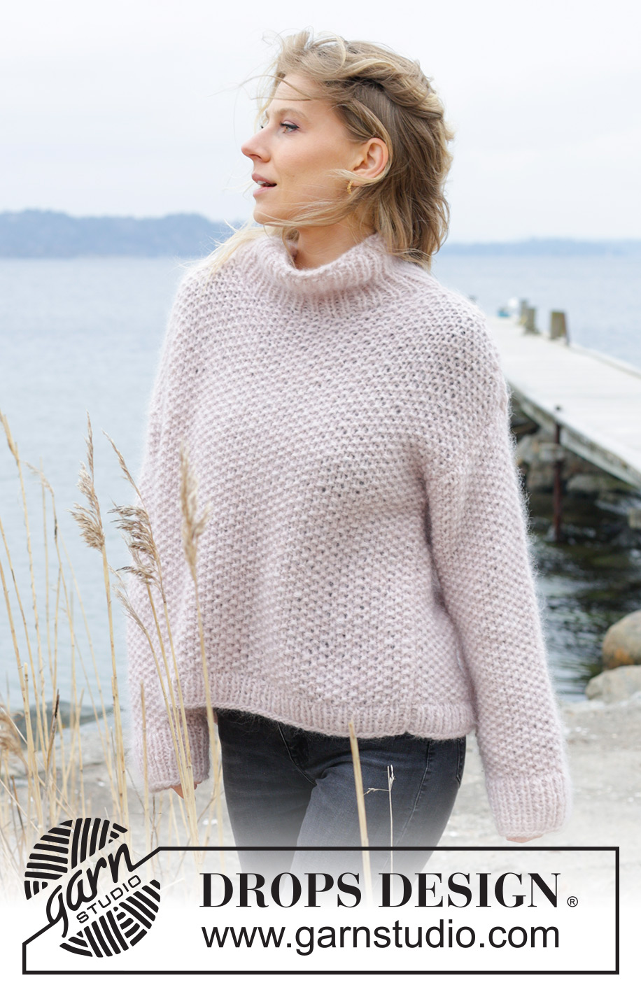 Dandelion Wish Sweater / DROPS 243-16 - Knitted oversized sweater in 1 strand DROPS Air and 2 strands DROPS Kid-Silk. The piece is worked bottom up, with moss stitch and high neck. Sizes XS - XXL.