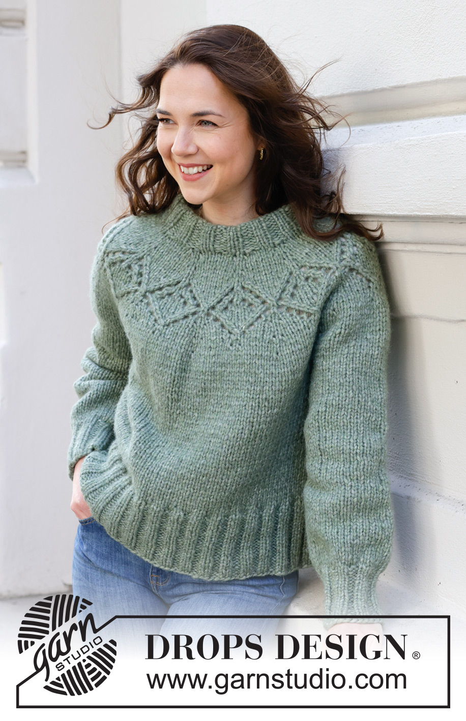 Sage Advice / DROPS 243-17 - Knitted jumper in DROPS Snow or DROPS Wish. The piece is worked top down with round yoke and lace pattern. Sizes XS - XXL.