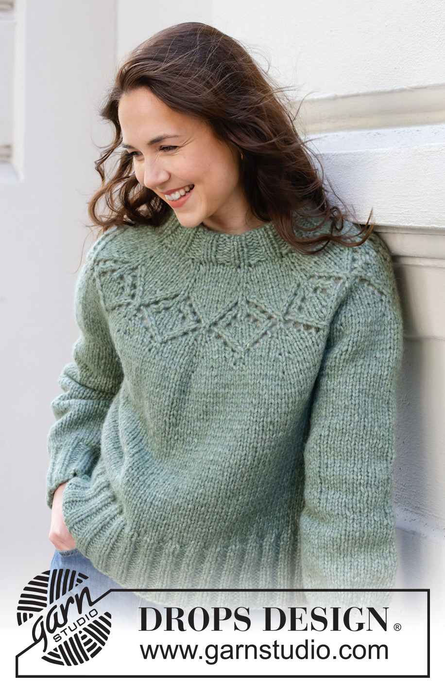 Sage Advice / DROPS 243-17 - Knitted jumper in DROPS Snow or DROPS Wish. The piece is worked top down with round yoke and lace pattern. Sizes XS - XXL.