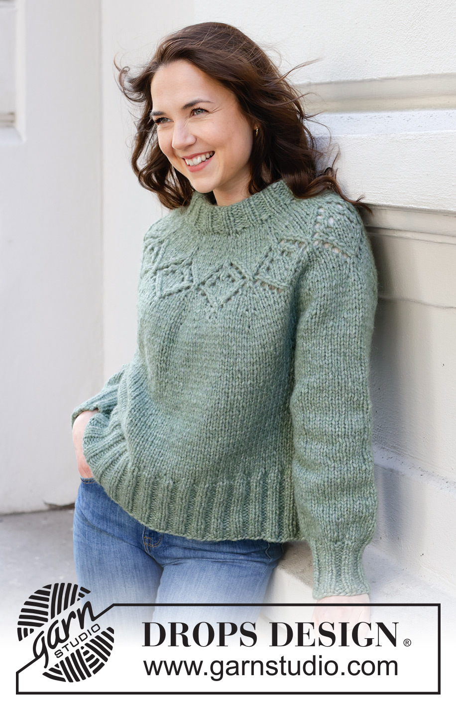 Sage Advice / DROPS 243-17 - Knitted jumper in DROPS Snow or DROPS Wish. The piece is worked top down with round yoke and lace pattern. Sizes XS - XXL.