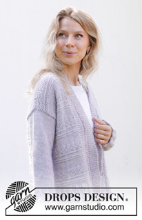 Lavender Romance Cardigan / DROPS 243-18 - Strikket cardigan i DROPS Alpaca og DROPS Kid-Silk. Arbejdet strikkes nedefra og op med retstrik og reliefmønster. Størrelse S - XXXL.