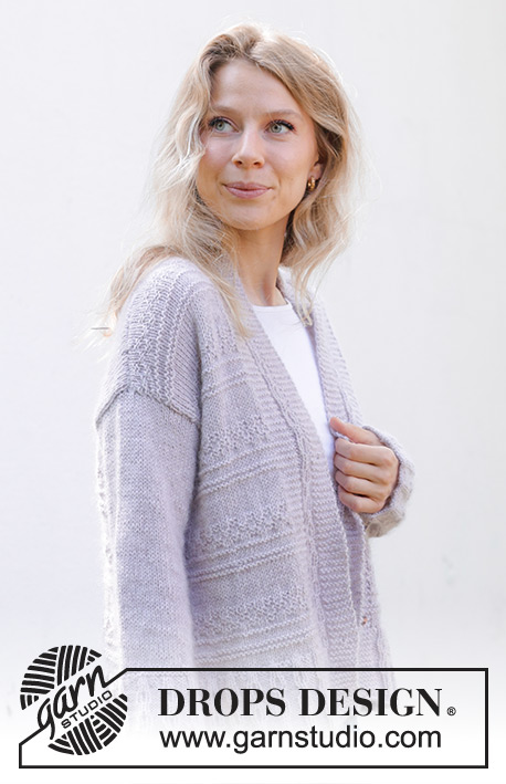 Lavender Romance Cardigan / DROPS 243-18 - Strikket cardigan i DROPS Alpaca og DROPS Kid-Silk. Arbejdet strikkes nedefra og op med retstrik og reliefmønster. Størrelse S - XXXL.