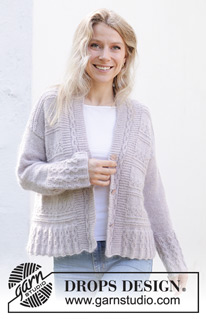 Lavender Romance Cardigan / DROPS 243-18 - Strikket cardigan i DROPS Alpaca og DROPS Kid-Silk. Arbejdet strikkes nedefra og op med retstrik og reliefmønster. Størrelse S - XXXL.
