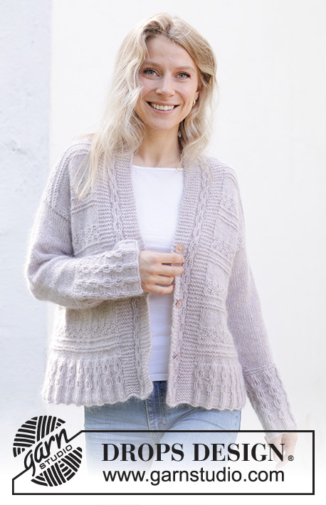 Lavender Romance Cardigan / DROPS 243-18 - Strikket cardigan i DROPS Alpaca og DROPS Kid-Silk. Arbejdet strikkes nedefra og op med retstrik og reliefmønster. Størrelse S - XXXL.
