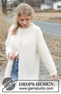 Winter Owl Cardigan / DROPS 243-2 - Knitted jacket in DROPS Flora and DROPS Kid-Silk. The piece is worked top down with double neck, raglan and relief-pattern. Sizes S - XXXL.